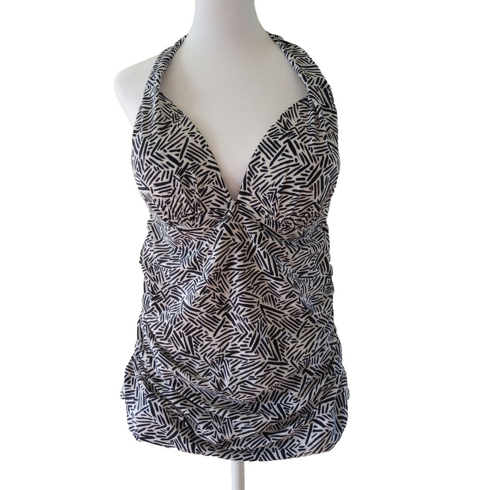 Jaclyn Smith Halter Tankini Swim Top 18 Black White Geo Stripe Beach Cruise